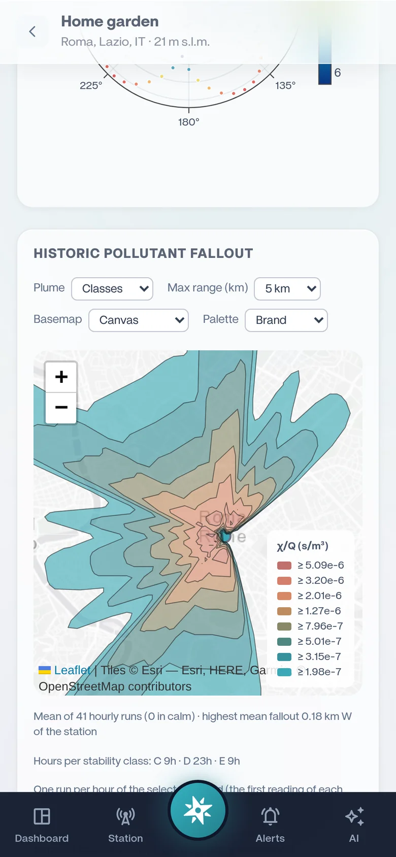 Historic pollutant fallout map with concentration classes, on a phone
