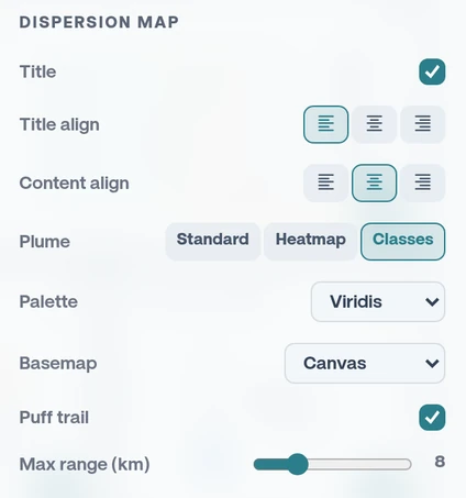 The settings of the dispersion map card: plume style, palette, basemap, puff trail and maximum range